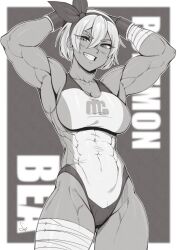  abs absurdres armpits arms_up bandages bea_(pokemon) breasts creatures_(company) dark-skinned_female dark_skin english_text game_freak gloves gluteal_fold greyscale hairband highres large_breasts light_blush looking_at_viewer monochrome muscular muscular_female nintendo pokemon pokemon_swsh short_hair signature smile speedl00ver swimsuit teeth thick_thighs thighs white_hair  rating:Sensitive score:45 user:danbooru