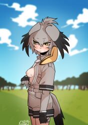  1girl bird_tail black_hair blonde_hair blue_sky blush breast_pocket breasts closed_mouth cloud dated day embarrassed gloves grey_hair grey_shirt grey_shorts guman_project hair_between_eyes head_wings highres kemono_friends layered_sleeves long_sleeves looking_to_the_side medium_breasts multicolored_hair necktie nipples nostrils one_breast_out open_clothes open_shirt outdoors paid_reward_available pocket shirt shoebill_(kemono_friends) shorts signature sky solo sweat tail tree wings yellow_eyes  rating:Questionable score:43 user:danbooru
