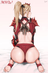 1girl armor artist_name ass backless_outfit barefoot bed_sheet black_legwear blonde_hair blue_eyes blush braid earrings feet from_behind full_body gradient_background hair_ornament highres jewelry laserflip long_hair looking_back mole mole_under_eye monster_hunter monster_hunter:_world monster_hunter_(series) odogaron personification ponytail profile pussy_juice pussy_juice_stain revision rope seiza shoulder_armor sitting soles solo stained_clothes stained_sheets stirrup_legwear toeless_legwear rating:Explicit score:71 user:danbooru