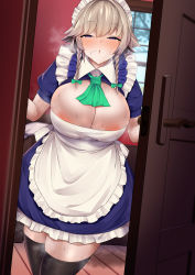  1girl absurdres after_fellatio aftersex blue_eyes door dress grey_hair highres izayoi_sakuya maid maid_headdress sinkai solo stray_pubic_hair sweat thighhighs touhou  rating:Questionable score:107 user:abc987654321