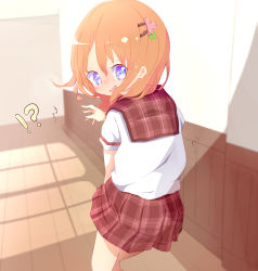  !? 1girl 22m bangs blue_eyes blush day embarrassed eyebrows_visible_through_hair female_focus flower from_behind gochuumon_wa_usagi_desu_ka? hair_flower hair_ornament hairclip hand_up have_to_pee hoto_cocoa indoors loli looking_at_viewer looking_back miniskirt nose_blush open_mouth orange_hair peeing peeing_self pink_flower plaid plaid_sailor_collar plaid_skirt pleated_skirt red_sailor_collar red_skirt sailor_collar school_uniform serafuku shiny shiny_hair shirt short_hair short_sleeves skirt solo standing surprised sweat wavy_mouth white_shirt 