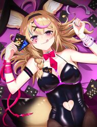  1girl :q ace_(playing_card) ace_of_diamonds ace_of_hearts alternate_costume animal_ears black_hairband black_leotard blonde_hair blue_hair blue_nails blush breasts card cuffs diamond_(shape) fake_animal_ears fishnet_pantyhose fishnets five_of_clubs five_of_hearts fox_ears fox_girl fox_tail hairband handcuffs heart heart_in_eye highleg highleg_leotard highres holding holding_card hololive joker_(playing_card) kanzakiira0430 leotard long_hair looking_at_viewer lying medium_breasts multicolored_hair omaru_polka on_back pantyhose pink_background pink_hair pink_theme playboy_bunny playing_card purple_eyes rabbit_ears rabbit_hole_(vocaloid) red_nails seven_of_clubs six_of_spades solo spaghetti_strap streaked_hair symbol_in_eye tail teardrop_facial_mark ten_of_hearts three_of_spades tongue tongue_out virtual_youtuber vocaloid zain_(omaru_polka) 