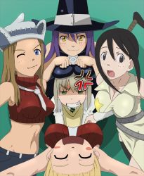 00s 5girls anger_vein black_hair blair_(soul_eater) blonde_hair breast_envy breasts cat_girl cleavage elizabeth_thompson grin hat laughing looking_at_viewer maka_albarn midriff multiple_girls nakatsukasa_tsubaki navel oedipa one_eye_closed patricia_thompson purple_hair smile soul_eater tomboy view_between_breasts white_hair wink witch_hat worried rating:Sensitive score:72 user:HentaiLover147