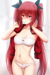 1girl arms_up blush bra collarbone date_a_live ginhaha gluteal_fold hair_between_eyes highres itsuka_kotori jacket jacket_on_shoulders long_hair mouth_hold navel panties red_eyes red_hair red_jacket sidelocks simple_background solo stomach strapless strapless_bra twintails underwear white_background white_bra white_panties rating:Sensitive score:78 user:danbooru
