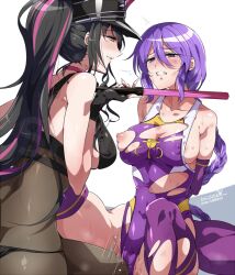  2girls arai_nobu arms_behind_back artist_name baton_(weapon) black_hair blush braid braided_ponytail breasts butt_crack clenched_teeth collarbone dated eye_contact fate/grand_order fate_(series) femdom grinding hat large_breasts long_hair looking_at_another military_hat multiple_girls nipples original purple_eyes purple_hair pussy_juice sessyoin_kiara sessyoin_kiara_(swimsuit_mooncancer) sessyoin_kiara_(swimsuit_mooncancer)_(second_ascension) simple_background smile sweat tears teeth thong torn_clothes weapon white_background yellow_eyes 