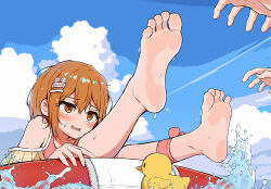 1girl 1other ankle_ribbon barefoot blue_sky blush brown_eyes brown_hair cloud day feet foot_focus hair_ornament hairclip highres innertube leg_ribbon looking_at_another original outdoors qiufengxiaose ribbon rubber_duck sky soles solo_focus swim_ring swimsuit toes water wet rating:Sensitive score:64 user:danbooru