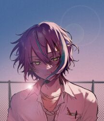  1boy aged_down aqua_hair blue_sky blurry blurry_background breast_pocket chain-link_fence chanms closed_mouth collarbone collared_shirt commentary day double-parted_bangs fence gradient_sky grey_necktie hair_between_eyes highres kamishiro_rui lens_flare long_bangs looking_at_viewer loose_necktie male_focus multicolored_hair necktie official_alternate_costume official_alternate_hairstyle open_collar outdoors pen pen_in_pocket pencil pocket portrait project_sekai purple_hair shirt sidelighting sky solo streaked_hair t-shirt two-tone_hair unbuttoned upper_body white_shirt yellow_eyes yellow_shirt  rating:General score:2 user:danbooru