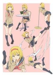  1girl alice_margatroid black_socks blonde_hair blue_sailor_collar blue_sky book border brown_footwear brown_shirt chain closed_mouth clothes_pull embarrassed food full_body glasses gyouza_(mhea5724) hairband hand_on_own_face highres holding holding_book holding_mop kneehighs loafers lolita_hairband looking_at_viewer lying miniskirt mop multiple_views neckerchief on_stomach open_mouth panties pink_background pleated_skirt pocky puffy_sleeves reading red-framed_eyewear red_hairband red_neckerchief sailor_collar semi-rimless_eyewear shirt shoes short_hair simple_background sitting skirt skirt_pull sky socks soles standing table the_pose touhou under-rim_eyewear underwear white_border white_panties yellow_eyes 
