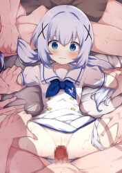  1girl 4boys arm_grab assisted_rape blue_eyes blue_hair blush censored clenched_teeth commission crying crying_with_eyes_open dot_nose gochuumon_wa_usagi_desu_ka? grabbing_another&#039;s_hair group_sex hair_ornament held_down hetero imminent_rape jon_(pixiv31559095) kafuu_chino leg_grab loli long_hair looking_at_viewer lying mosaic_censoring multiple_boys on_back on_bed panties panties_around_leg penis pov pov_crotch pov_hands pussy restrained skeb_commission solo_focus spread_legs sweat tears teeth underwear x_hair_ornament 
