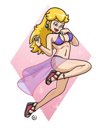  1girl arm_up ass bare_arms bare_legs bare_shoulders bikini blonde_hair breasts earrings high_heels highres jewelry lipstick long_hair looking_at_viewer makeup mario_(series) nintendo open_mouth pink_bikini princess_peach simple_background smile solo super_mario_bros._1 swimsuit wedge_heels  rating:Questionable score:9 user:Nanus360