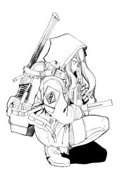  1girl backpack bad_id bad_pixiv_id bag character_request copyright_request from_side gun highres hood hood_up hoodie ihobus jacket long_hair looking_ahead machine_gun magazine_(weapon) monochrome on_one_knee shoes simple_background solo thighhighs weapon white_background 