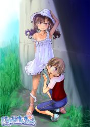  1boy 1girl aftersex arm_up armpits bare_legs blush brown_eyes brown_hair child_on_child clothes_lift copyright_name cum cumdrip day dress dress_lift embarrassed flat_chest frilled_dress frills full_body grass hand_on_headwear hat hetero highres loli long_hair looking_at_viewer looking_back original outdoors panties panties_around_leg purple_eyes sandals shirt shoes short_hair shorts shota smile sneakers squatting standing strap_slip sun_hat sundress t-shirt takahashi_note tan tanline twintails underwear white_panties  rating:Explicit score:214 user:danbooru