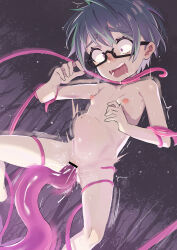  1girl bar_censor blush breasts censored completely_nude constricted_pupils crying forest glasses grey_hair highres loli lolicom nature night nipples nude open_mouth original outdoors purple_eyes rape restrained short_hair small_breasts solo spread_legs stomach_bulge sweat tears tentacle_sex tentacles vaginal wide-eyed 