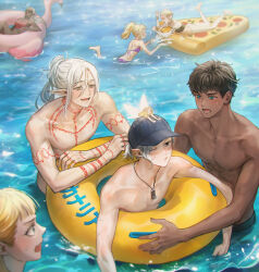  1other 3boys 4girls afloat alternate_hairstyle arm_tattoo barefoot baseball_cap bikini black_bikini_bottom black_hair black_hat blonde_hair blue_eyes chest_tattoo choker cithis dark-skinned_female dark-skinned_male dark_skin day dungeon_meshi elf fairy_(dungeon_meshi) fleki food grey_hair hat highres jewelry kabru long_hair looking_at_another lycion lying mini_person mithrun multiple_boys multiple_girls multiple_scars navel neck_tattoo notched_ear ocean on_stomach one_eye_closed open_mouth otta_(dungeon_meshi) out_of_frame partially_submerged pattadol pendant pizza playing pointy_ears ponytail purple_bikini red_bikini scar scar_on_arm shoulder_tattoo splashing sunbathing sunglasses swim_ring swimsuit tattoo themed_object toned toned_male topless_male very_long_hair water white_hair woooo_ho2 