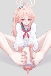  1girl absurdres barefoot blonde_hair blue_archive breasts feet highres holding_with_feet j.c.14 light_blush long_hair natsu_(blue_archive) parted_lips pink_eyes school_uniform serafuku small_breasts toes 