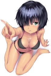 1girl arm_support barefoot bikini black_bikini black_hair breasts bust_cup cleavage drooling feet foreshortening from_above full_body green_eyes hair_over_one_eye highres large_breasts looking_at_viewer navel nazo_no_kanojo_x o-ring o-ring_top outstretched_hand pointing saliva shiny_skin short_hair shouin simple_background sitting solo sun_tattoo swimsuit tan tan_tattoo tanline tattoo urabe_mikoto wariza white_background rating:Sensitive score:102 user:danbooru