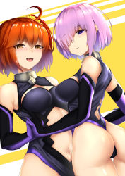 2girls :d ahoge alternate_costume ass back_cutout bad_id bad_pixiv_id bare_legs bare_shoulders black_gloves black_leotard blush breasts clothing_cutout collar cosplay dantes_ward dutch_angle elbow_gloves eyes_visible_through_hair fate/grand_order fate_(series) female_focus fujimaru_ritsuka_(female) gloves hair_ornament hair_over_one_eye hair_scrunchie happy highres holding_hands interlocked_fingers large_breasts legs leotard light_purple_hair looking_at_viewer looking_back mash_kyrielight mash_kyrielight_(cosplay) multicolored_clothes multicolored_gloves multiple_girls navel navel_cutout open_mouth orange_eyes orange_hair purple_eyes purple_gloves revealing_clothes scrunchie short_hair side_ponytail sleeveless sleeveless_leotard smile smug standing stomach striped striped_background thong_leotard type-moon white_background yellow_background yellow_scrunchie yuri rating:Questionable score:33 user:danbooru