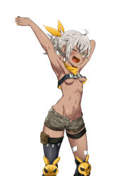  1girl absurdres areola_slip arm_above_head arm_behind_head armpits asymmetrical_legwear bad_id bad_pixiv_id bandana breasts bright_pupils covered_erect_nipples crop_top dark-skinned_female dark_nipples dark_skin female_focus girls&#039;_frontline grey_hair hair_ornament highres klin_(girls&#039;_frontline) knee_pads loli midriff navel nipples one_eye_closed open_clothes open_fly open_shorts over-kneehighs perky_breasts pouch revealing_clothes short_ponytail shorts simple_background single_over-kneehigh single_thighhigh small_breasts solo thigh_pouch thigh_strap thighhighs thighs ubo_(dbsgurdbsk) underboob white_background yawning yellow_bandana yellow_eyes  rating:Questionable score:54 user:Atom
