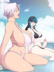 2girls arm_support bikini_day blue_hair blue_sky blush breast_awe breasts cleavage closed_eyes erection futanari hair_between_eyes highres huge_breasts isabella_valentine large_breasts long_hair looking_at_another lunasanguinis mature_female mole mole_under_eye multiple_girls navel outdoors pale_skin parted_lips partially_submerged penis pool relaxing scar short_hair sideboob sidelocks silver_hair sitting sky soul_calibur soulcalibur soulcalibur_vi swept_bangs tan thick_thighs thighs tira_(soulcalibur) uncensored water rating:Explicit score:93 user:danbooru