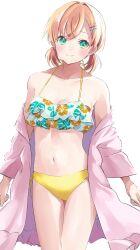  1girl aqua_eyes bikini blush breasts cleavage closed_mouth collarbone commentary_request cowboy_shot crossed_bangs floral_print floral_print_bikini frilled_bikini_top hair_ornament hairclip halterneck hanamaruyama628 hibiscus_print highres hinoshita_kaho jacket jacket_over_swimsuit link!_like!_love_live! looking_at_viewer love_live! low_twintails medium_breasts medium_hair mismatched_bikini navel off_shoulder open_clothes open_jacket orange_hair pink_jacket side-tie_bikini_bottom smile solo stomach swept_bangs swimsuit twintails virtual_youtuber white_background white_bikini yellow_bikini 