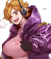  1girl :d aosora2823 artist_name black_gloves breasts brown_eyes brown_hair clothes_writing commentary gloves hair_over_one_eye highres jacket large_breasts looking_at_viewer one_piece open_mouth pink_sweater purple_jacket short_hair simple_background smile solo sweater teeth upper_teeth_only vegapunk_lilith white_background  rating:Sensitive score:14 user:danbooru