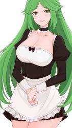  1girl alternate_costume apron black_dress blush breasts choker cleavage collarbone commentary cowboy_shot dress english_commentary enmaided eyelashes female_focus green_eyes green_hair highres juliet_sleeves kgctcg kid_icarus kid_icarus_uprising large_breasts long_sleeves maid maid_apron matching_hair/eyes nintendo palutena parted_bangs parted_lips puffy_sleeves sidelocks simple_background smile solo twitter_username white_background  rating:Sensitive score:21 user:danbooru