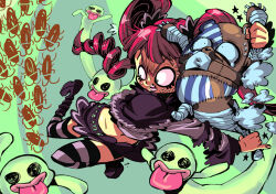  1girl breasts bug cockroach devil_fruit disgust dress ears ghost green_background horo_horo_no_mi insect kumacy long_hair medium_breasts navel one_piece perona pink_hair rafchu shaded_face simple_background skirt striped_clothes striped_thighhighs stuffed_animal stuffed_toy sweat thighhighs twintails very_long_hair wide_hips 