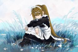  1girl :3 apron black_dress black_footwear blonde_hair boots closed_mouth day dress flower full_body grass hair_between_eyes highres hugging_own_legs inu_dakisime knees_to_chest knees_up leaning_forward legs_together long_dress long_hair long_sleeves looking_at_viewer maid maid_headdress original outdoors sidelocks sitting smile solo twintails very_long_hair white_apron white_flower yellow_eyes 