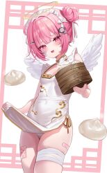  1girl angel_wings bandaged_leg bandages bandaid_on_thigh baozi blush breasts china_dress chinese_clothes clothes_lift commentary_request double_bun dress dress_lift fang food gauze gauze_on_cheek hair_bun hair_ornament hairclip halo highres holding lifted_by_self looking_at_viewer mini_wings open_mouth original panties pelvic_curtain pink_eyes pink_hair short_dress short_hair sidelocks skin_fang skindentation sleeveless sleeveless_dress small_breasts smile solo sweat thighs underwear white_background white_dress white_panties white_wings whitebc wings 