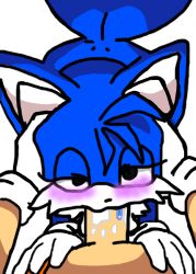  2boys alternate_color animal_ears black_eyes blue_fur fellatio fox_ears fox_tail gloves looking_at_viewer lowres multiple_boys multiple_tails non-web_source oral sonic_(series) tail tails_(sonic) two_tails white_gloves 