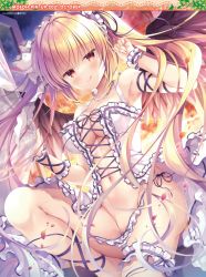 1girl :q absurdres armpits bare_shoulders blonde_hair breasts center_opening cleavage closed_mouth dengeki_moeou feathered_wings frills hands_up headdress highres jewelry long_hair looking_at_viewer medium_breasts navel necklace orange_eyes original panties revealing_clothes side-tie_panties smile solo stomach string_panties takano_yuki_(allegro_mistic) thighs tongue tongue_out twintails underwear untied_panties very_long_hair white_panties wings rating:Sensitive score:14 user:danbooru