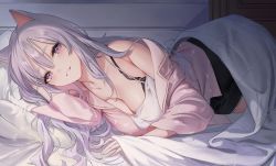  1girl absurdres animal_ears bare_shoulders black_shorts blanket bra_strap breasts cat_ears cleavage collarbone commentary emyo english_commentary grin hair_between_eyes highres huge_filesize jacket large_breasts long_hair looking_at_viewer lying off_shoulder on_bed on_side original pillow pink_jacket purple_eyes shirt short_shorts shorts silver_hair smile solo undershirt white_shirt  rating:Sensitive score:34 user:danbooru