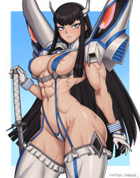  1girl abs areola_slip biceps black_hair blue_background blue_eyes border breasts cheekie closed_mouth covered_erect_nipples gloves junketsu katana kill_la_kill kiryuuin_satsuki large_breasts long_hair looking_at_viewer muscular muscular_female navel simple_background solo sword thick_eyebrows thick_thighs thighhighs thighs triceps very_long_hair weapon white_border white_gloves white_thighhighs  rating:Questionable score:83 user:danbooru