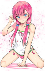  1boy arm_support blue_eyes bulge cherry cherry_print coin_rand collarbone crossdressing food food_print fruit kneeling long_hair looking_at_viewer low_twintails male_focus official_art original pink_hair smile solo trap twintails  rating:Sensitive score:116 user:danbooru