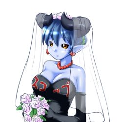  1girl astaroth_(shinrabanshou) bare_shoulders black_dress black_gloves black_sclera blue_hair blue_skin bouquet breasts bridal_veil bride cleavage collarbone colored_sclera colored_skin dark_bride dress earrings elbow_gloves exif_thumbnail_surprise female_focus flower gem gloves holding horns jewelry large_breasts looking_at_viewer necklace pearl_(gemstone) pointy_ears shinrabanshou simple_background smile solo strapless strapless_dress upper_body veil wedding_dress white_background 
