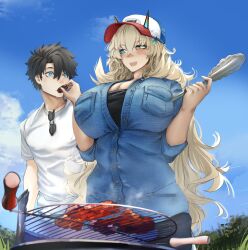  1boy 1girl absurdres alternate_costume bad_hands barghest_(fate) baseball_cap black_hair blonde_hair blue_eyes breasts cleavage cooking extra_digits fate/grand_order fate_(series) feeding food fujimaru_ritsuka_(male) grill grilling hat heterochromia highres holding horns huge_breasts jacket long_hair meat obazzotto open_clothes open_jacket open_mouth shirt short_hair smile star-shaped_pupils star_(symbol) sunglasses symbol-shaped_pupils unworn_eyewear yellow_eyes 