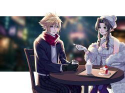  1boy 1girl aerith_gainsborough aerith_gainsborough_(fairy_of_snowfall) alternate_costume aqua_eyes bare_shoulders black_gloves blonde_hair blue_jacket blue_pants blurry blurry_background breasts brown_hair cake chair christmas_cake christmas_lights cleavage cleavage_cutout clothing_cutout cloud_strife coat cup dress final_fantasy final_fantasy_vii final_fantasy_vii_ever_crisis final_fantasy_vii_remake fingerless_gloves food fork fruit fur-trimmed_jacket fur_trim gloves green_eyes hair_between_eyes hair_ribbon halter_dress halterneck hat highres holding holding_cup holding_fork hot_chocolate jacket jacket_partially_removed letterboxed long_hair long_sleeves looking_at_another medium_breasts mochee_bi nail_polish official_alternate_costume pants parted_bangs parted_lips plaid plaid_pants red_ribbon red_scarf ribbon scarf short_dress short_hair sidelocks sitting sleeveless sleeveless_dress smile spiked_hair strawberry sweater table turtleneck turtleneck_sweater wavy_hair whipped_cream white_coat white_dress white_gloves white_headwear white_sweater winter_clothes winter_coat 