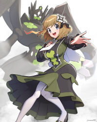  1girl absurdres artist_name ascot black_ribbon blonde_hair breasts brown_hair buttons creatures_(company) dress eyelashes game_freak gen_6_pokemon gonzarez green_dress grey_eyes hair_ornament highres large_breasts legendary_pokemon nintendo official_alternate_costume open_mouth outstretched_arm pantyhose pokemon pokemon_(creature) pokemon_masters_ex ribbon serena_(pokemon) serena_(sygna_suit)_(pokemon) short_hair skirt smile solo teeth upper_teeth_only white_ascot white_pantyhose zygarde zygarde_(complete)  rating:General score:6 user:RIG