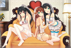  10s 3girls ;d agano_(kancolle) alternate_costume ass basque black_hair blush bra braid breasts bridal_veil bride brown_hair chemise choker corset dress e_neko elbow_gloves feet garter_straps gloves green_eyes highres kantai_collection lace lace-trimmed_legwear lace_trim lingerie long_hair multiple_girls no_shoes noshiro_(kancolle) one_eye_closed open_mouth panties ponytail red_eyes sitting skirt smile thighhighs toes twin_braids underwear veil wedding_dress white_gloves white_legwear wink yahagi_(kancolle) 