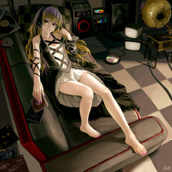  1girl adapted_costume album_cover alternate_costume arm_ribbon artist_name as109 asymmetrical_clothes bad_id bad_pixiv_id bare_legs barefoot breasts cd center_opening cleavage couch cover detached_sleeves feet female_focus nib_pen_(object) gradient_hair headphones highres hijiri_byakuren legs lips long_hair long_legs looking_at_viewer lying multicolored_hair nail_art nail_polish navel no_bra pen phonograph pillow purple_nails record ribbon signature solo toenail_polish toenails touhou yellow_eyes  rating:Sensitive score:143 user:danbooru