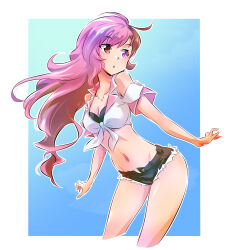  1girl :o absurdres ahoge breasts brown_eyes brown_hair cleavage commentary_request contrapposto crop_top cropped_legs denim denim_shorts facing_viewer floating_hair heterochromia highres iesupa long_hair looking_to_the_side medium_breasts midriff multicolored_hair navel neo_politan pink_eyes pink_hair rwby shirt short_shorts shorts solo split-color_hair stomach tied_shirt two-tone_hair wavy_hair white_hair 