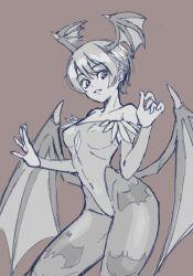 1girl bare_shoulders breasts capcom covered_navel demon_girl head_wings highres leotard lilith_aensland looking_at_viewer medium_breasts monochrome pantyhose parted_lips red_wings short_hair smile solo teeth thick_thighs thighs tyanoki vampire_(game) wings