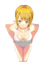  1girl blonde_hair blush breasts cleavage downblouse elf eyebrows_visible_through_hair green_eyes large_breasts leaning_forward light_blush looking_at_viewer original panties pointy_ears short_hair simple_background smile solo standing tomoki_(omaenoie) underwear white_background white_panties 