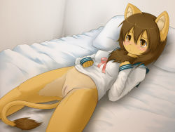  1girl animal_ears bed blush breasts embarrassed female_focus furry furry_female indoors ka_(pixiv341010) kagerofu lion lion_ears lion_tail lying orange_eyes pillow pussy ribbon school_uniform solo tail third-party_edit  rating:Explicit score:64 user:anusman