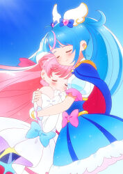  2girls blue_bow blue_cape blue_dress blue_hair blue_sky bow braid cape clear_sky closed_eyes closed_mouth commentary_request cure_prism cure_sky cut_bangs day detached_sleeves dress dress_bow earclip earrings elbow_gloves fingerless_gloves french_braid frilled_dress frills from_side gloves highres hirogaru_sky!_precure hug jewelry kyanos_(b_0000ff) layered_dress long_hair magical_girl multicolored_hair multiple_girls nijigaoka_mashiro outdoors partial_commentary pink_bow pink_hair precure puffy_detached_sleeves puffy_sleeves red_cape short_dress single_sidelock sky sleeveless sleeveless_dress smile sora_harewataru standing streaked_hair twintails two-sided_cape two-sided_fabric two-tone_dress two-tone_hair very_long_hair white_dress white_gloves wing_hair_ornament 