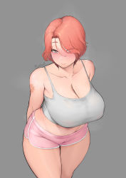 1girl arms_behind_back bare_shoulders blush breasts cleavage collarbone dolphin_shorts eyes_visible_through_hair fortune_(last_origin) grey_background hair_over_one_eye heart heart-shaped_pupils highres huge_breasts large_breasts last_origin looking_at_viewer moebell mole mole_on_breast navel red_eyes red_hair short_hair short_shorts shorts simple_background smile solo standing steaming_body symbol-shaped_pupils tank_top rating:Sensitive score:259 user:danbooru