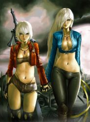  2girls blue_eyes boots breasts cleavage covered_erect_nipples dante dantewontdie devil_may_cry devil_may_cry_(series) devil_may_cry_3 fingerless_gloves flat_chest front-tie_top genderswap gloves hair_over_one_eye highres holding_hands jacket jewelry leather leather_pants long_hair midriff multiple_girls navel necklace no_bra panties pants rebellion_(sword) shirt short_hair short_shorts shorts siblings silver_hair sisters skin_tight skindentation strapless sword thigh_gap thighhighs thong tied_shirt torn_clothes tube_top twins underwear vergil_(devil_may_cry) weapon yamato_(sword)  rating:Sensitive score:109 user:salarta