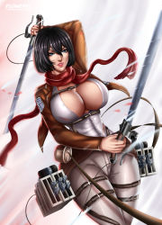 1girl black_hair breasts cleavage dual_wielding flowerxl hair_between_eyes holding holding_sword holding_weapon huge_breasts lips lipstick looking_at_viewer makeup mikasa_ackerman military military_uniform red_scarf scar scarf shingeki_no_kyojin short_hair solo sword three-dimensional_maneuver_gear uniform weapon rating:Questionable score:32 user:ron2k15