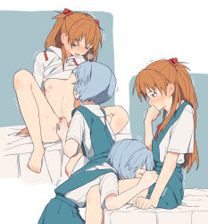 2girls ayanami_rei barefoot blue_background blue_eyes blue_hair blush bottomless breast_sucking breasts clothes_lift coldcat. cunnilingus female_focus fingering highres looking_at_another multiple_girls neon_genesis_evangelion nipples open_mouth oral orange_hair school_uniform short_hair short_sleeves simple_background sitting skirt skirt_lift small_breasts souryuu_asuka_langley sweat tears tokyo-3_middle_school_uniform trembling two-tone_background yuri rating:Explicit score:517 user:danbooru