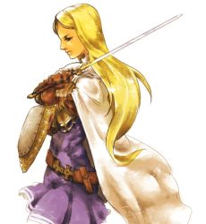  1girl belt blonde_hair cape female_focus final_fantasy final_fantasy_tactics gauntlets gloves knight knight_(fft) long_hair range_talio shield simple_background solo sword weapon white_background 